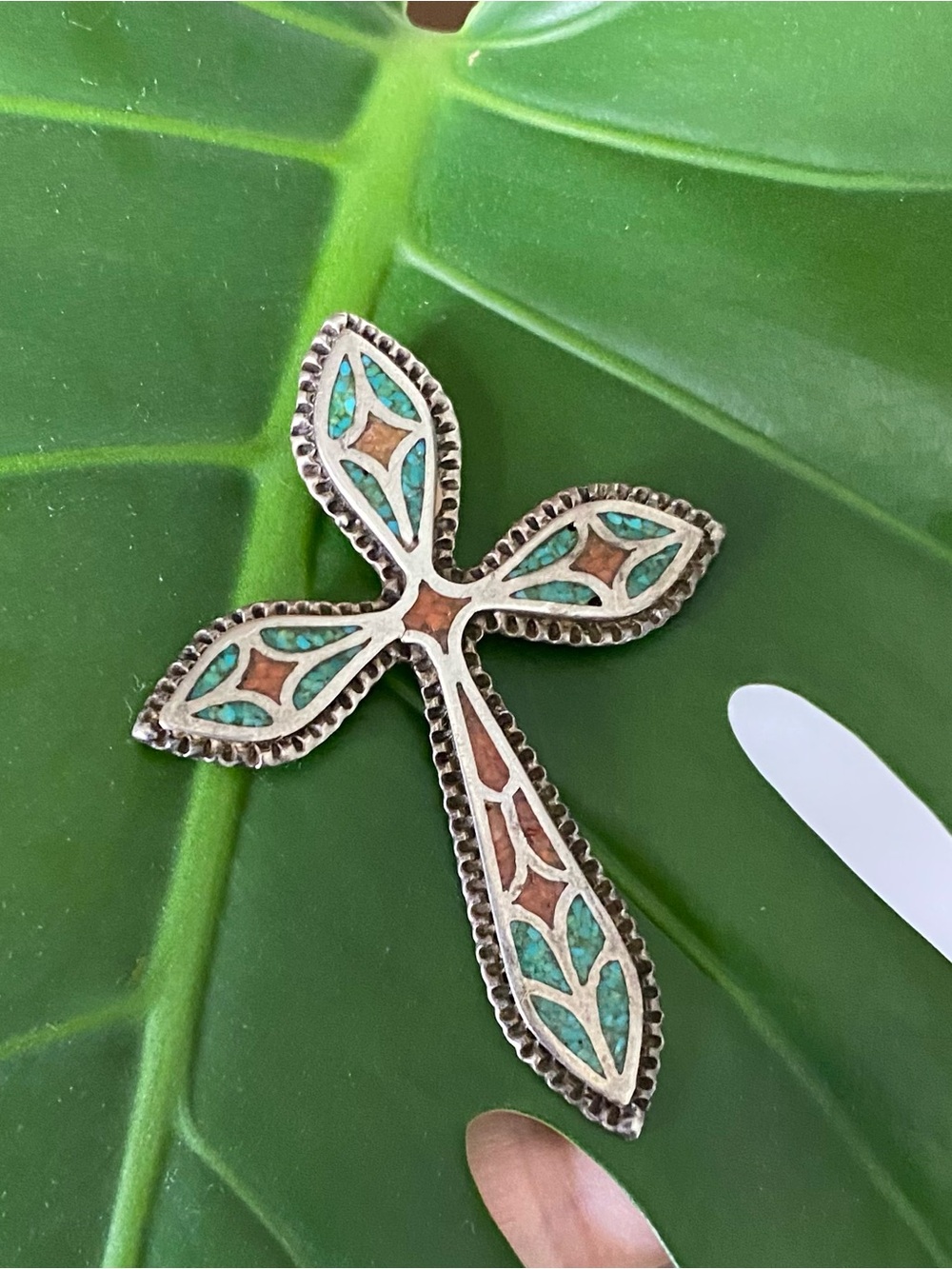Turquoise Inlay vintage Silver Cross Pendant - Picture 5 of 10